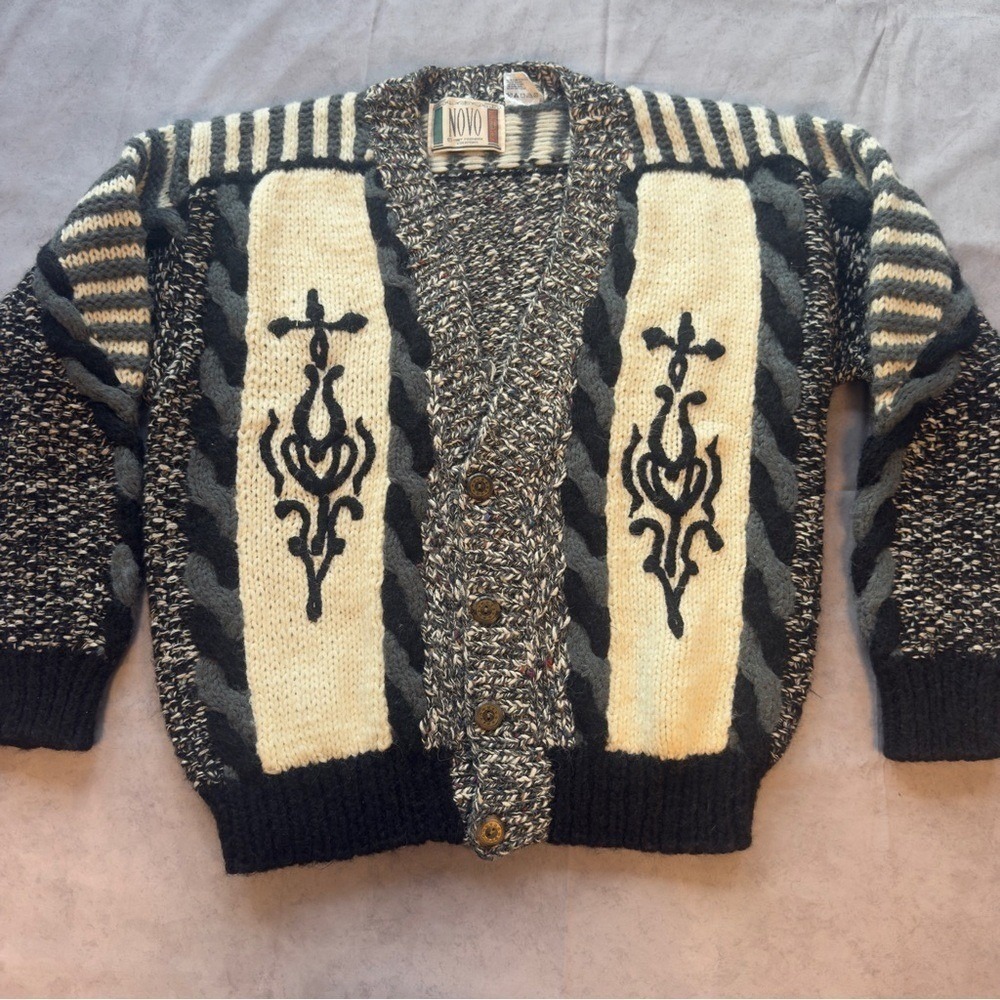 Novo Vintage 1987 Mohair Blend Chunky Knit Cardigan Sweater Black White Small
